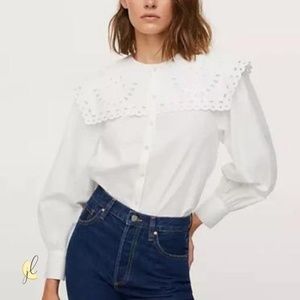 NWT - Mango Minimalist Oversized Button Down White Blouse with Eyelet Collar, M